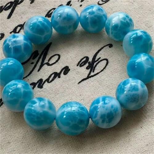 17.5mm Genuine Blue Natural Larimar Bracelet Women Men Powerful Stretch Crystal Big Round Bead Bracelet