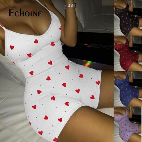 Echoine 2021 Women Sexy adult Onesies Jumpsuit Sleepwear Print Spaghetti Shorts V Neck Bodycon Bodysuit pajama romper teen girls