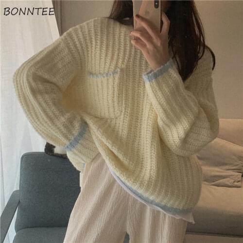 Sweater Women Lovely Pocket Design Chic Ulzzang Simple Preppy Girls Knitwear All-match Popular Trendy Ladies Streetwear Loose