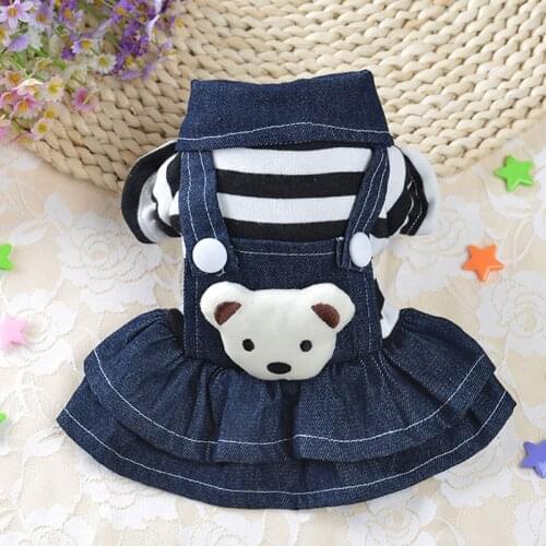 Pet Dog Clothes Striped Bear Fashion Cat Strap Denim Skirt Yorkie Chihuahua Dresses Clothes Cute Apparel