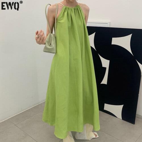 [EWQ] Korea Chic Casual Trend Women Halter Neck Tie Folds Loose Fashion Green Strapless Sleeveless Dress Summer 2021 16E1420