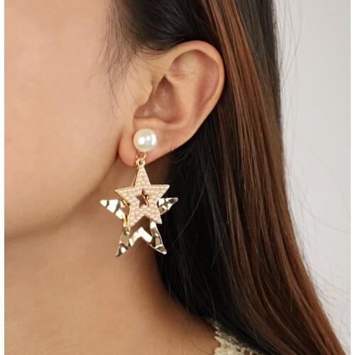 1 Pair/Set Pentagram Star Imitation Pearl Crystal Gem Pendant Gold Long Earrings Female Charm Party Jewelry Clothing Accessories