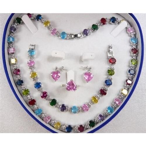 Free Shipping >>Multicolor Zircon Link Bracelet/ Earrings /Ring / Necklace Set