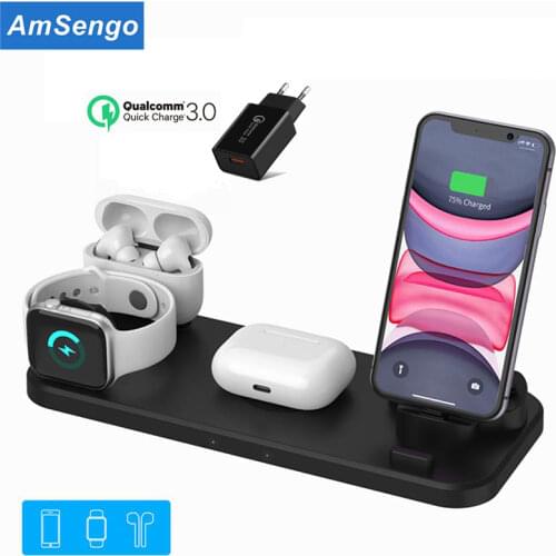 Amsengo 6 in 1 Charger Wireless For iPhone 5 6 7 8 X 11 Pro XR Watch 5 4 3 2 Fast Qi Wireless Charing Pad For Apple Airpods Pro