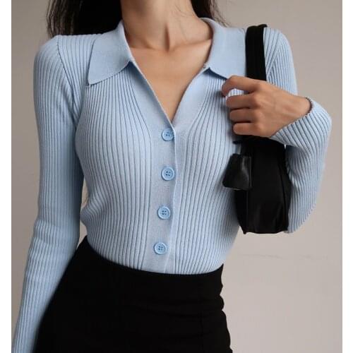 BoozRey Fall Clothes for Women 2021 Fashion Sexy Lapel Long Sleeve Slim Slimming Buttoned Knit Cardigan Sweater Women
