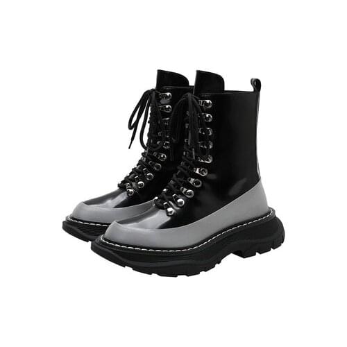 Patent Leather Lace Up Ankle Boots Women Round Thick Bottom flat hiking Shoes Autumn Martin botas Motorcycle knight boots female