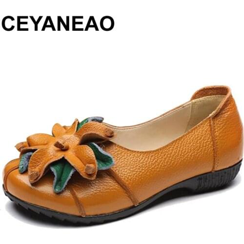 CEYANEAOSummer Autumn Fashion Flower Design Round Toe Solid Color FlatShoes Vintage Genuine Leather WomenFlats Girl Loafer E1211