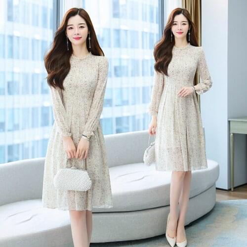 COIGARSAM Women Dress Autumn 2021 New Office Lady Korea Style Full Sleeve Floral Print Chiffon O-Neck Beige Dresses Traf