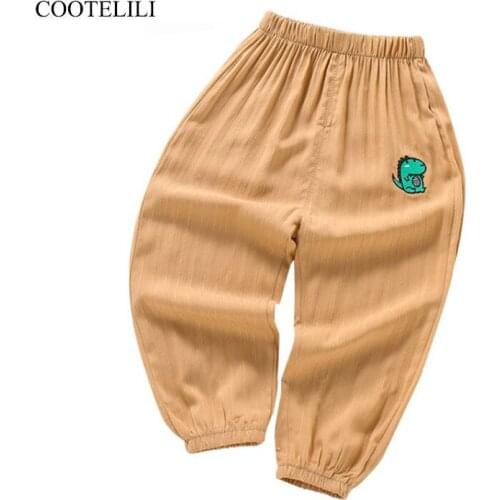COOTELILI Dinosaur Boys Pants Summer Children Girls Cotton Linen Flower Printed Casual Pants Girls Trousers Kids Clothing
