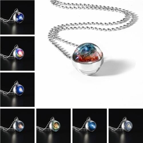 Galaxy Double Sided Necklaces Universe Outer Space Cabochon Glass Pendant Necklaces Jewelry Popcorn Chain For Women Men