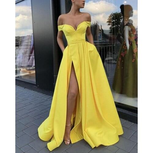 Elegant Evening Dresses In Stock Sexy Slit Simple Formal Prom Dress with Pockets Long Elegant Evening Gown