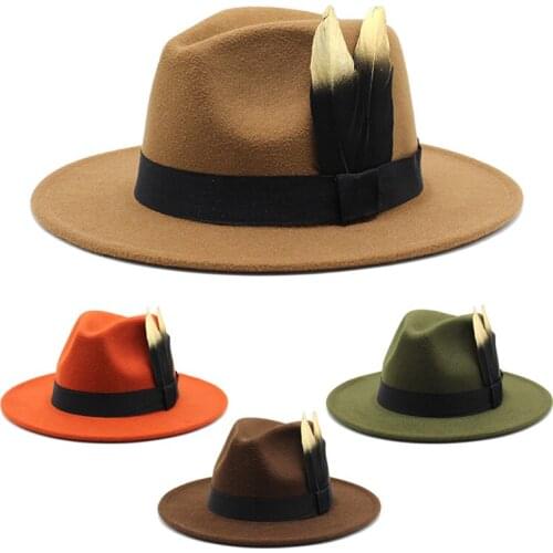 Seioum 2020 new Trend Unisex Flat Brim Wool Felt Jazz Fedora Hats Men Women Grain feather Band Decor Trilby Panama Formal Hats