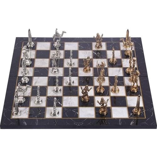 Ancient Egypt The Pharaoh Figures Metal Chess Set for Adult,Handmade Pieces,Marble Design Wood Chess Board King 9cm