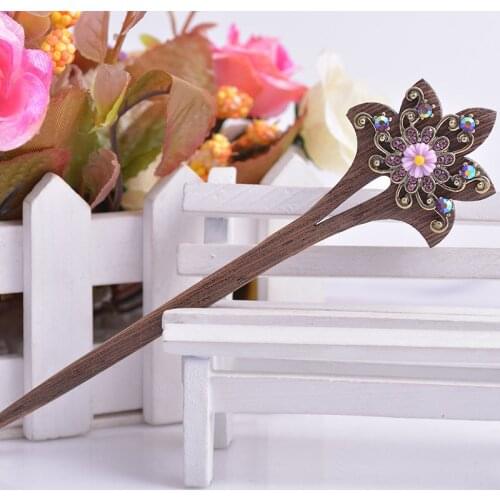 Colorful Rhinestone Inlaid Wooden Hairpin Handmade Vintage Chinese Style Flower Hair Stick Ladies Hair Clasp Hair Accessories
