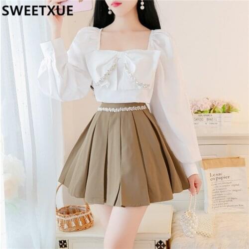 SWEETXUE Sweet Cute 2021 Square Collar Retro Autumn Bow Beaded Blouse + High Waist Pleated Skirt Two-Piece Set Women