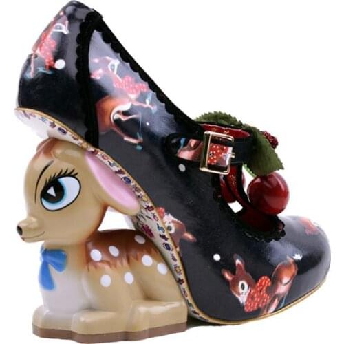 Cute Pink Blue Black Deer Heel Women Pumps Mary Janes Cherry Belt High Heels Platform Strange Shoes Woman Valentine Shoes