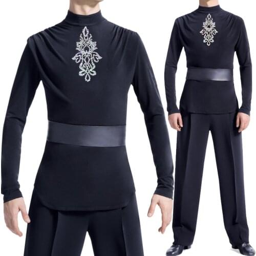 Mens Latin Dance Wear Long Sleeve Shirt Flower Diamond Black Tango Tops Samba Salsa Tractice Clothing Stage Costume DNV13906