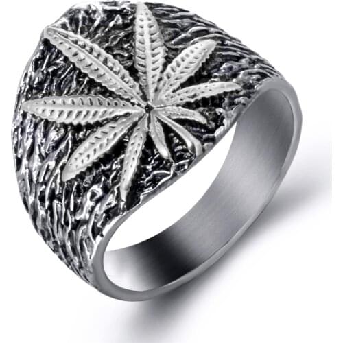 Elfasio Mens Stainless Steel Ring Micro Paved Rhinestone Weed Maple leaf Rings for Men Biker Hip Hop Jewelry Size 8-13