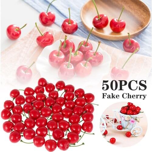 50pcs Artificial Cherry Fruits Set Fake Red Cherries Autumn Harvest Simulation Fruits Model Lifelike Cherries Party Decoration