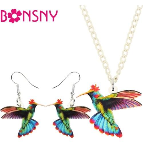 Bonsny Acrylic Flying Green Hummingbird Earrings Necklace Earrings Jewelry Sets Kid Girl Charms Gift Fashion Party Decoration