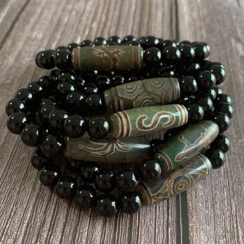 Natural Tibetan Dzi Bracelet Buddha Guanyin Ruyi Dragon Eyes Agat Charm Black Agates Strand Bracelets Reiki Healing Femme Male
