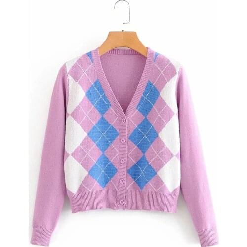 2020 New Women Warm Vintage Stylish Rhombic Cardigan Sweater Long Sleeve Outerwear Tops Splicing V-Neck Fashion Leisure Time