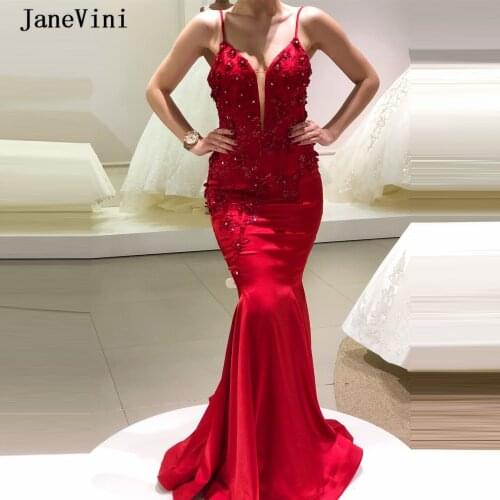 JaneVini Charming Red Mermaid Long Evening Dresses 2020 Spaghetti Straps Handmade Flowers Beading Satin Sexy Women Dinner Gowns