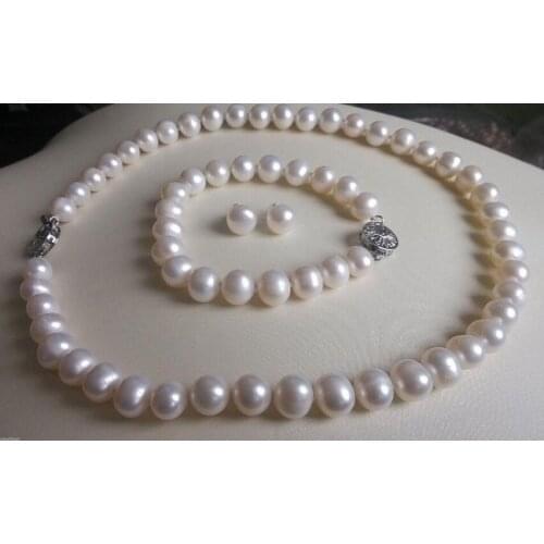 Charming 9-10 MM White natural Pearl Necklace Bracelet Earrings Set