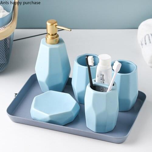 Pure Color Ceramic Wash Set Bathroom Supplies Bathroom 5-piece Set with Tray Mouth Cup Lotion Bottle Toothbrush Holder Soap Dish