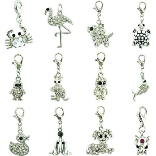 JINGLANG Mix Style Charms With Lobster Clasp White Rhineston Animals Pendants DIY For Jewelry Necklace Making Accessories