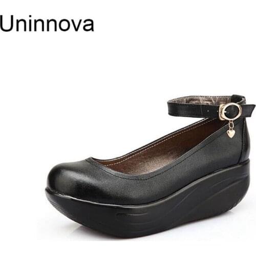 Uninnova Womens Med Heel Wedge Platform Pumps Working Career Genuine Leather Ankle Shoes Extral Large 43 WP100