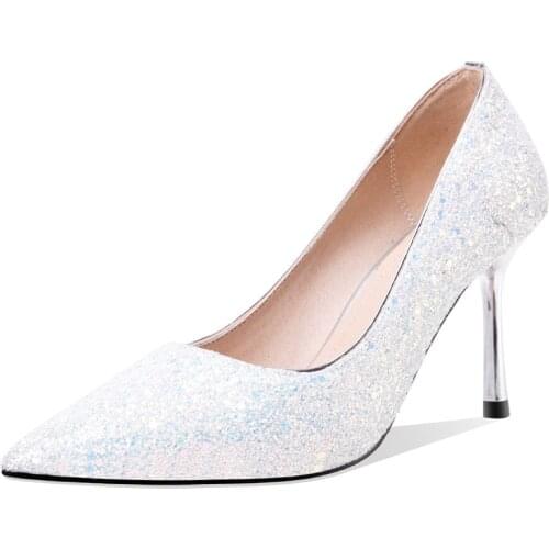 Spring new wedding shoe 2019 high heel with sequins shallow single shoes 40-43