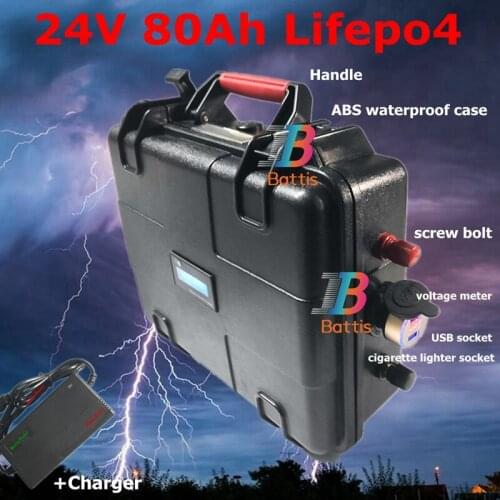 Waterproof Lifepo4 24v 80AH battery BMS 80A for 2000W Inverter fridge Electric bike tricycle RV AGV UPS + 10A smart charger