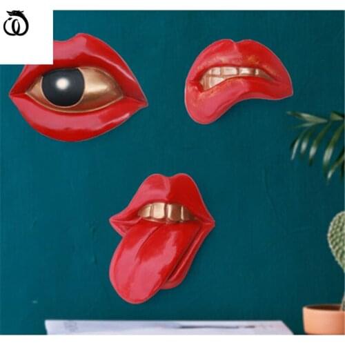 WU CHEN LONG ABSTRACT ART RED LIPS SCULPT 3D STEREO WALL HANGING HOME DECOR RESIN CRAFT KTV CLUB BAR BACKGROUND DECORATION R6353