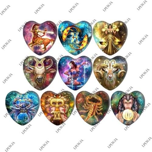 Zdying 10pcs Handmade Mixed 12 Constellation Pattern Heart Shape Glass Cabochons Cover Pendant Cameo Settings Jewelry Findings