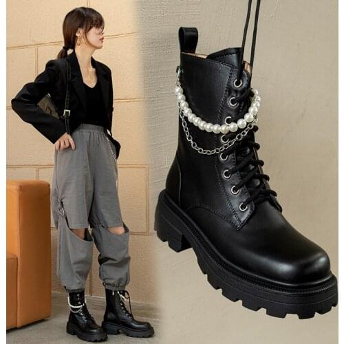 QZYERAI New Ankle Boots Platform Women Cow Leather Round Toe Lace-Up Closure Ladies Thick Sole Shoes Handmade Motorcycle Boots