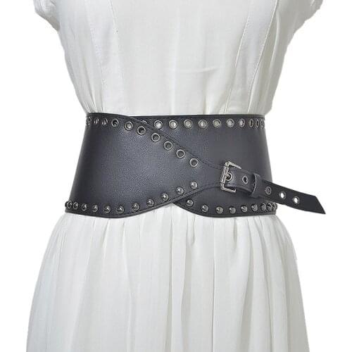 Elastic Wide Punk Style Women Leather Belts New Fashion Metal Retro Rivets Wide Belts For Women Metal Pin Buckle Accessories