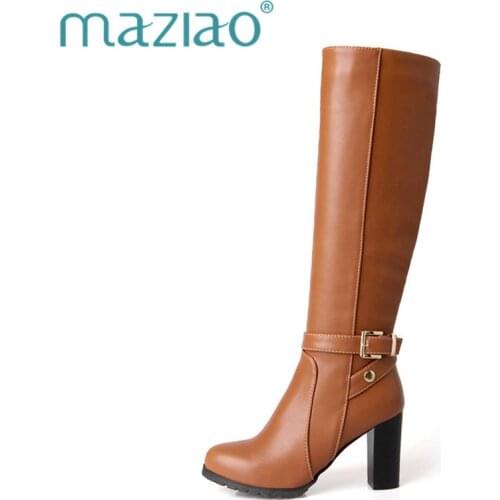 MAZIAO 2019 Plus Size 34-43 Women Boots Square Heels Round Toe Knee-High Boots Woman Shoes Winter Boots Black Brown