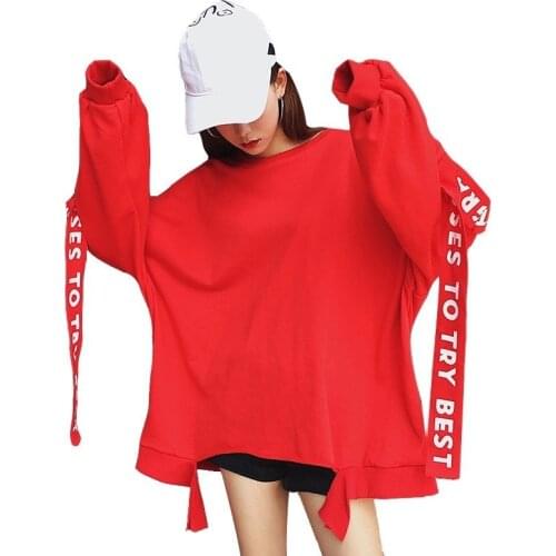 Women Oversized Harajuku Letter Print Ribbons Hoodies Extra Long Sleeves Loose Sweatshirt And Pullovers Korean Kpop Tops