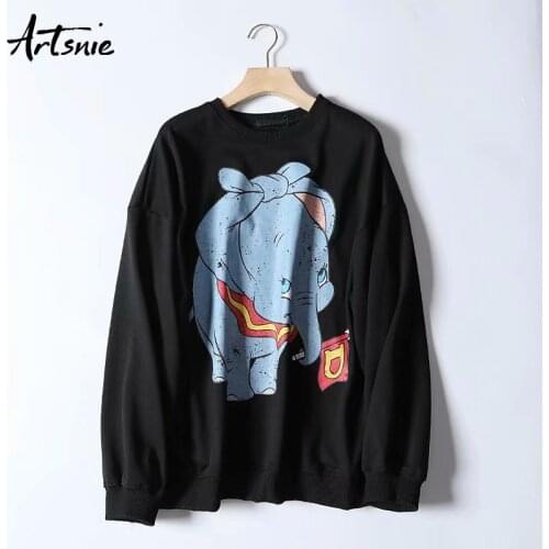 Artsnie cartoon print black sweatshirt women autumn 2019 o neck long sleeve hoodies female knitted streetwear casual sweatshirts