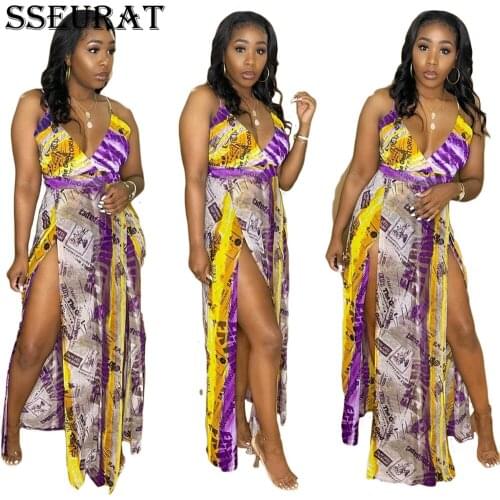 SSEURAT Women Long Dress Print Spaghetti Strap V-neck Splited Loose Dresses Ladies Elegant Fashion Clothing