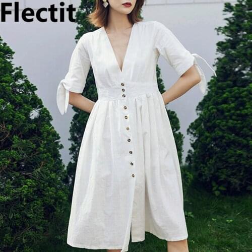 Flectit Women Summer Dress Linen Blend Button Down White Dress with Bow V Neck Empire Waist Midi Dress Vacation Outfits