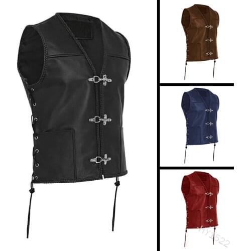 Medieval Men Vintage Punk Leather Vest Cosplay Knight Warrior Tunic Costume Black Biker Motorcycle Hip Hop Waistcoat For Adult