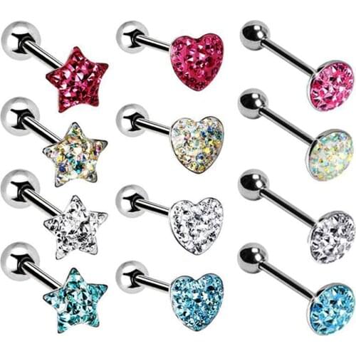 4pcs 4 Color Mixed Heat,Roud Star Top Stainless Steel Crystal Ferido Epoxy Tongue Barbell Ring Piercing Jewelry