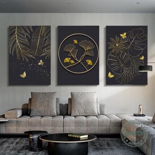 Abstract Golden Lotus Plant Leaves Canvas Painting Modern Luxury Leaf Line Poster Wall Art Picture for Living Room Decoration