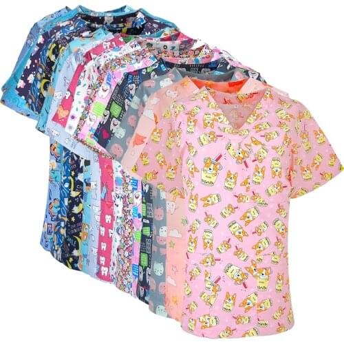 Nurse scrub tops for women men V-neck short sleeves blouse cotton dogs printed surgeon clinic hospital uniform scrub top unisex