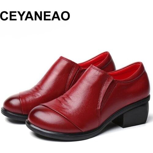 CEYANEAO 2018 Pleated Genuine Leather Women Shoes Spring Autumn Soft Thick Heel Women Pumps Shoes Round Toe Cow Leather