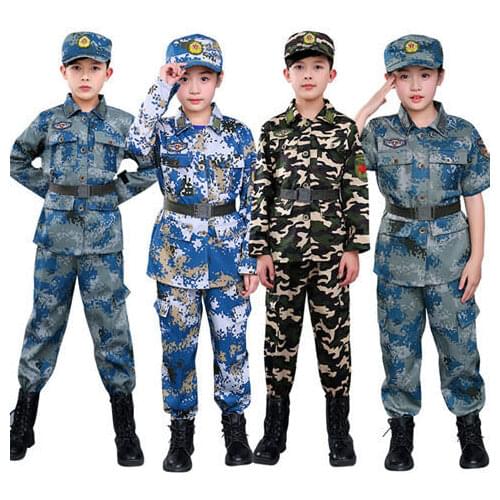 Kids Camouflage Uniform Army Military Scouting Uniform Sets Coat+Pants+Hat+Belt Summer Camp Costumes High Quality Tactical Suit