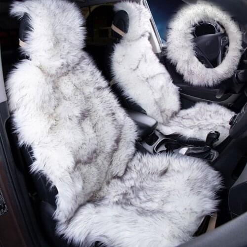 KAWOSEN 2 pcs Long Faux Fur Seat Cover Universal Artificial Plush Car Seat Covers with Plush Steering Cover Seat Cushion LFFS02