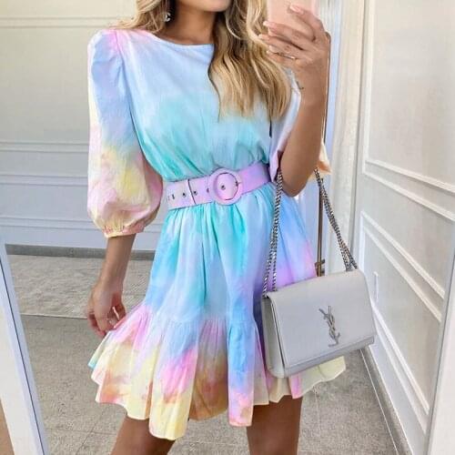 Fashion Tie Dye Puff Sleeve Ruffles Dress A-Line for Women Elegant Ladies Round Neck High Waist Belt Mini Dress Fall Spring New